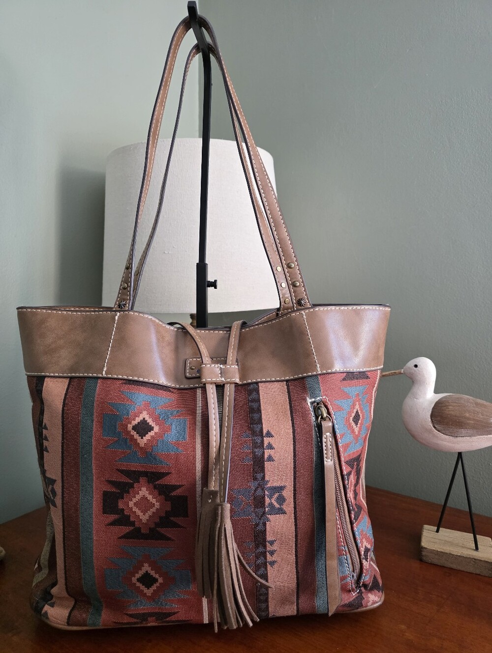 Justin Aztec Jacquard Tote Brown Leather Trim Antique Brass Tassel Bag Boho